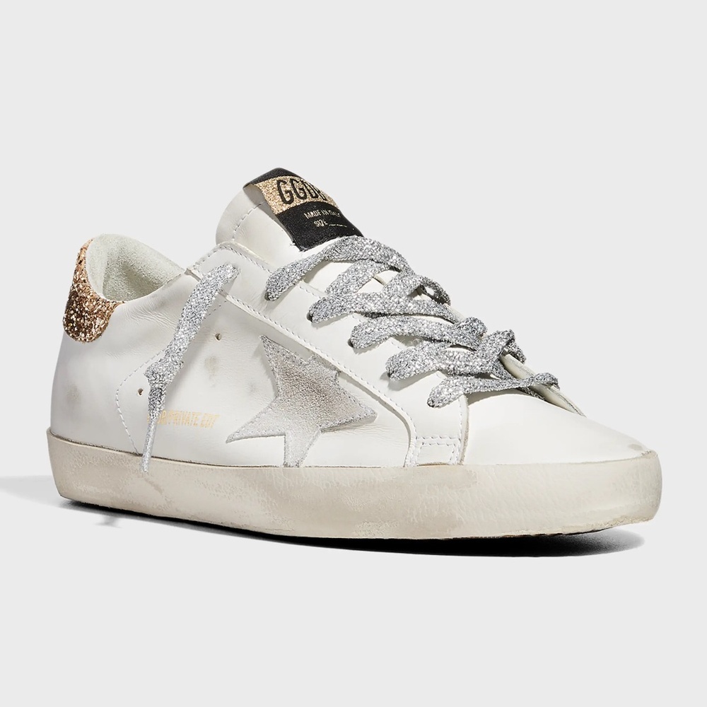 Golden Goose White Leather Sneakers with Silver Glitter Laces and Gold Heel